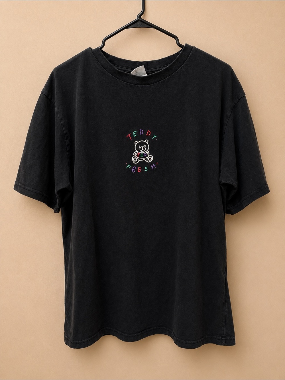 Teddy Fresh Black Tee with Multicolor Embroidered Bear